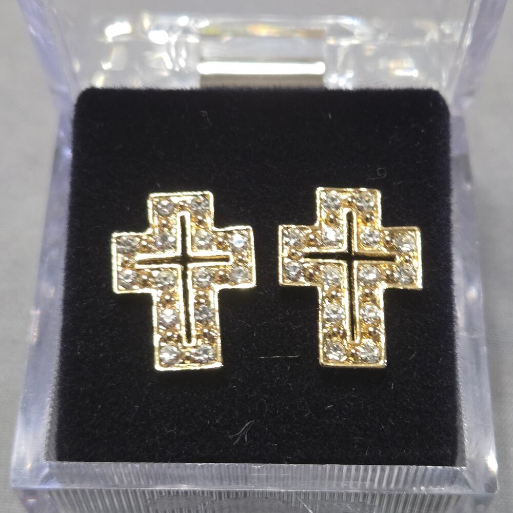 Austrian Crystal Cross Stud Earrings Surgical Steel Posts Gold Tone